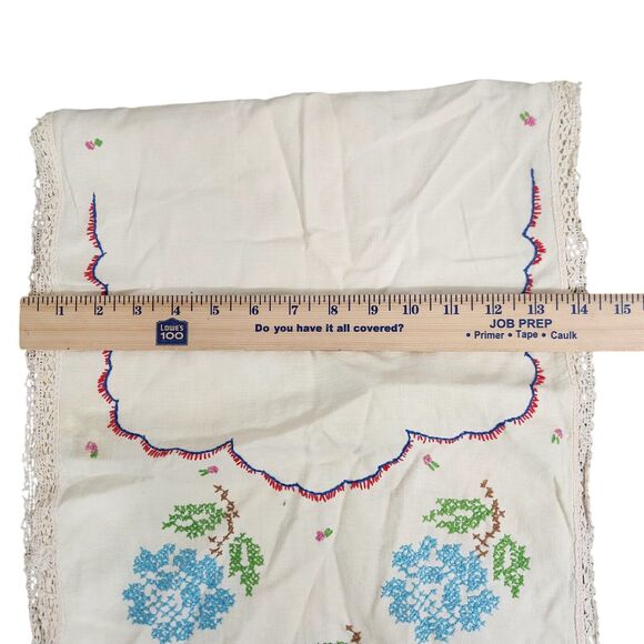 VTG TABLE RUNNER PINK BLUE ROSES FLORAL EMBROIDERED DRESSER SCARF ESTATE MCM - Picture 6 of 6